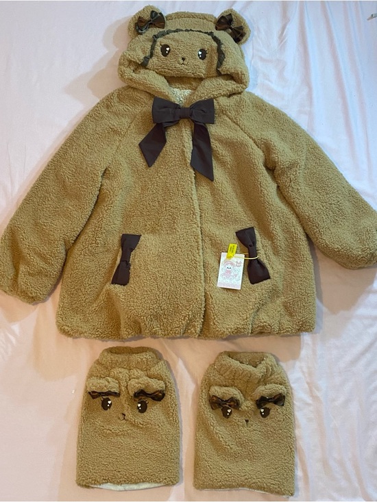 Huhu Jackets & Blazers - NWT Kawaii Huhu EGL Lolita Brown Milk Tea Tan Bear Hooded Coat + Leg Warmers Set
